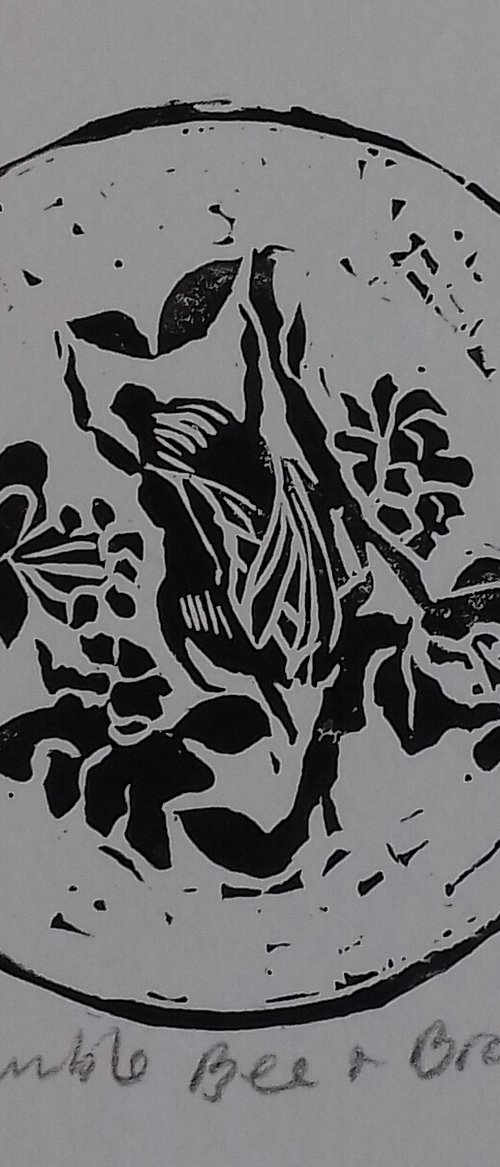 Bumble Bee and Bramble Linocut. Black. by Ann Kilroy