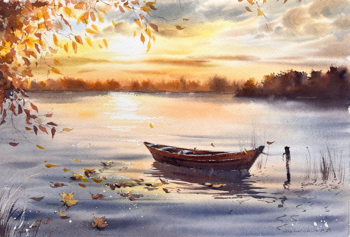 Autumn Sunset Boat by Eugenia Gorbacheva