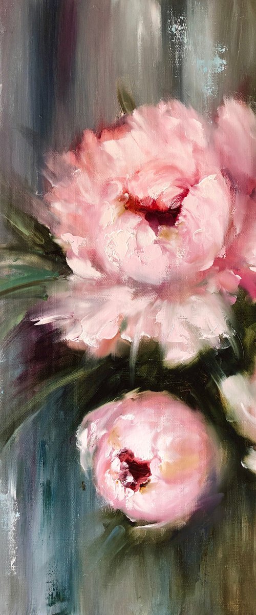 ROYAL PEONY - Abstract peonies. Garden flowers. Large buds. Macro flowers. Pale pink petals. Bouquet. Twilight. Haze. by Marina Skromova