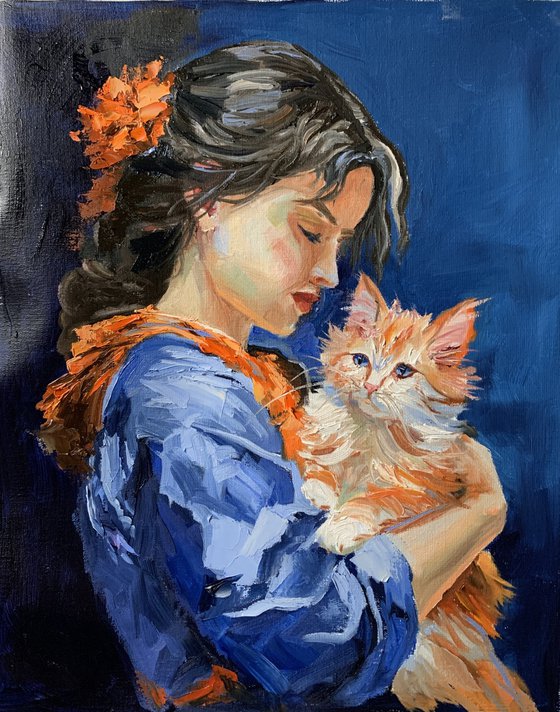 Girl in blue dress, orange cat