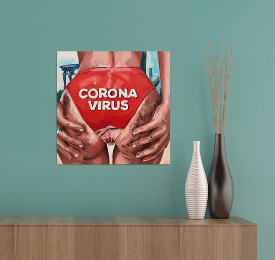 CORONAVIRUS - oil painting, original gift, girl, red, red trunks, ass, office decor, home interior