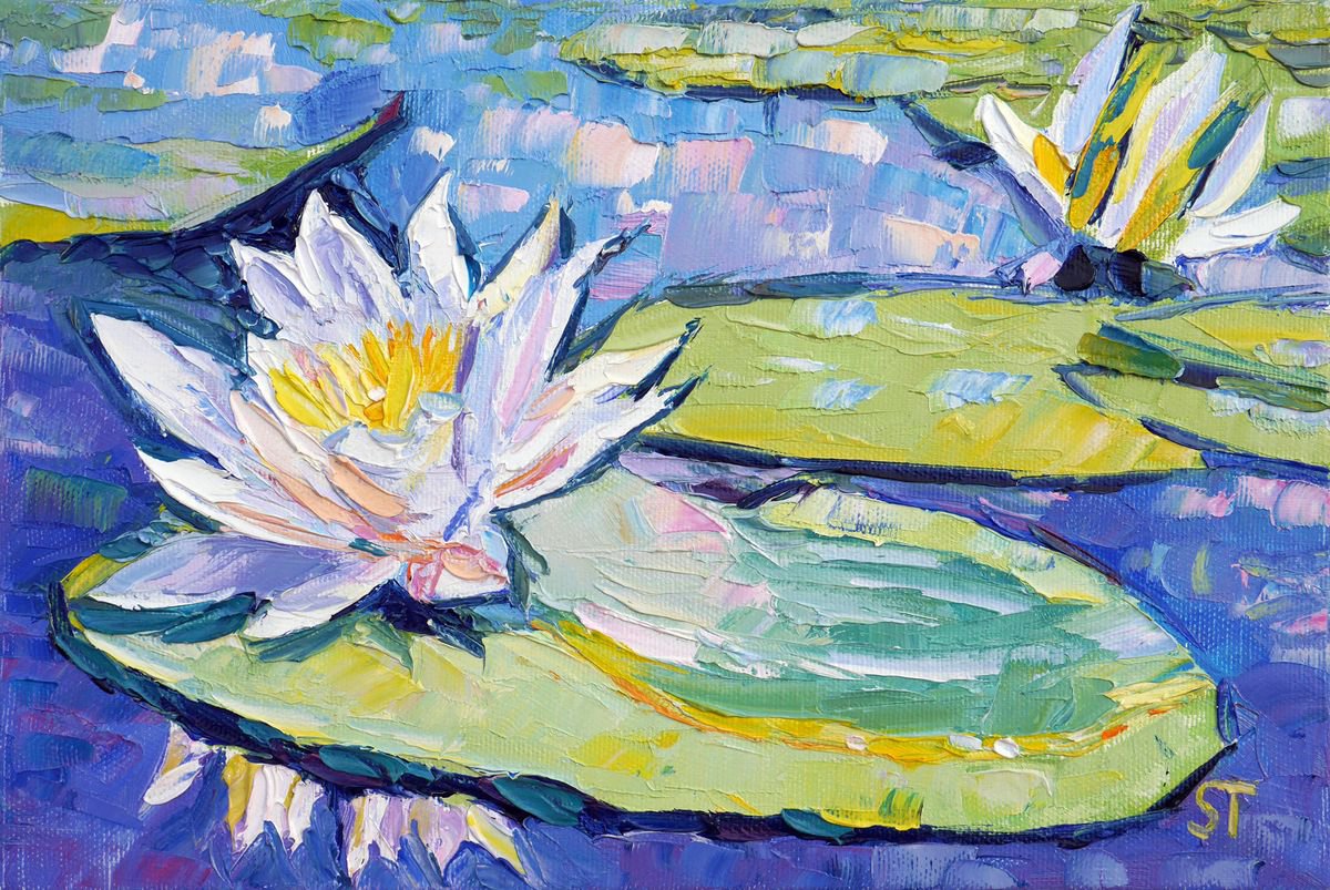 Two lilies in a pond original oil water floral painting on canvas, ready to hang, small... by Tashe