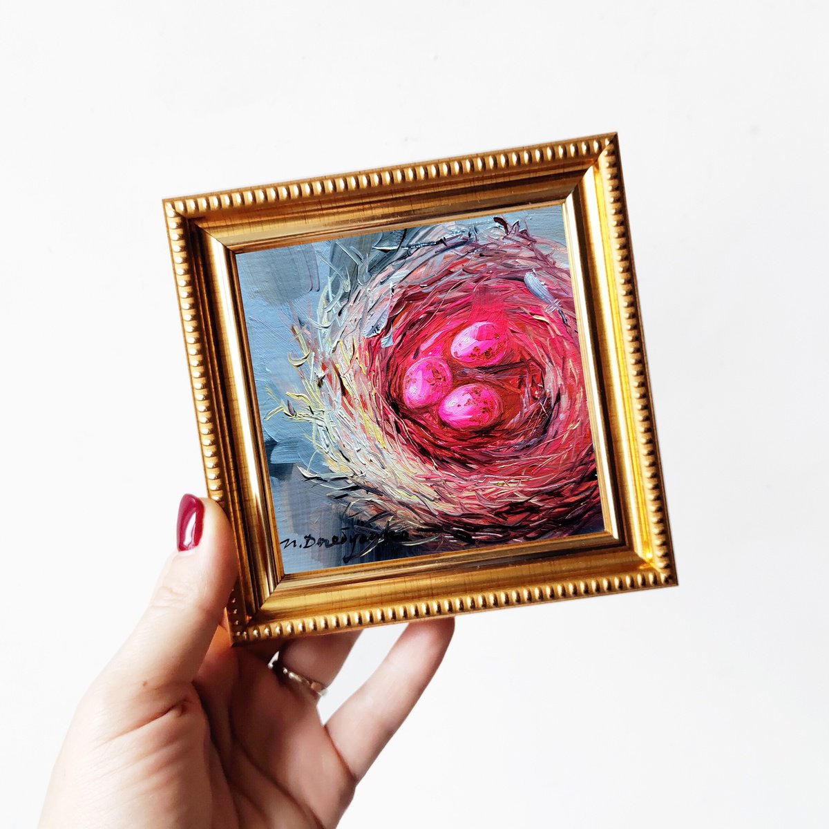 Bird nest painting original framed 4x4, Hot pink ruby eggs miniature oil painting small by Nataly Derevyanko