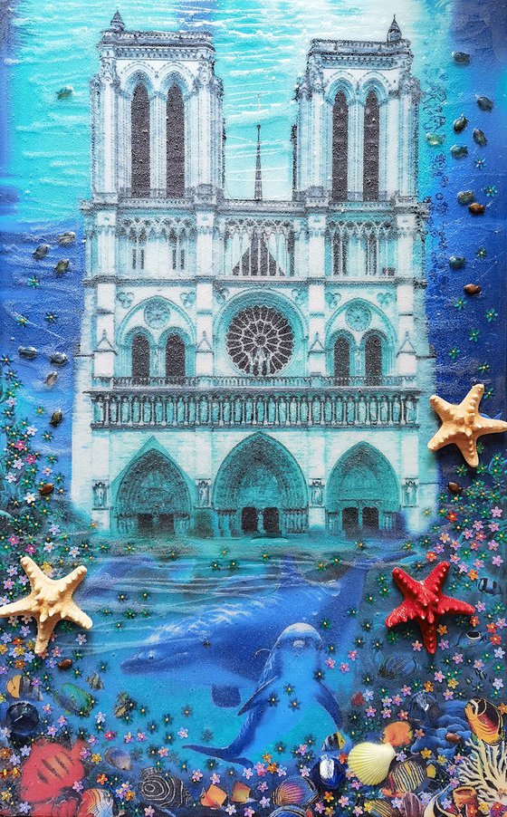 Paris. France. Notre Dame, Cathedral of Paris. Global warming. Flood in the city. Dolphins underwater, sea bottom seascape marine. Fantasy art.