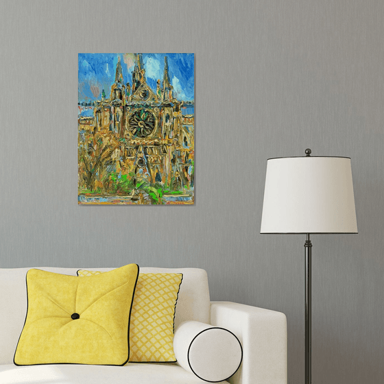 NOTRE DAME, VIEW FROM THE LATIN QUARTER - PARIS Cityscape, landscape, original oil painting, blue beige