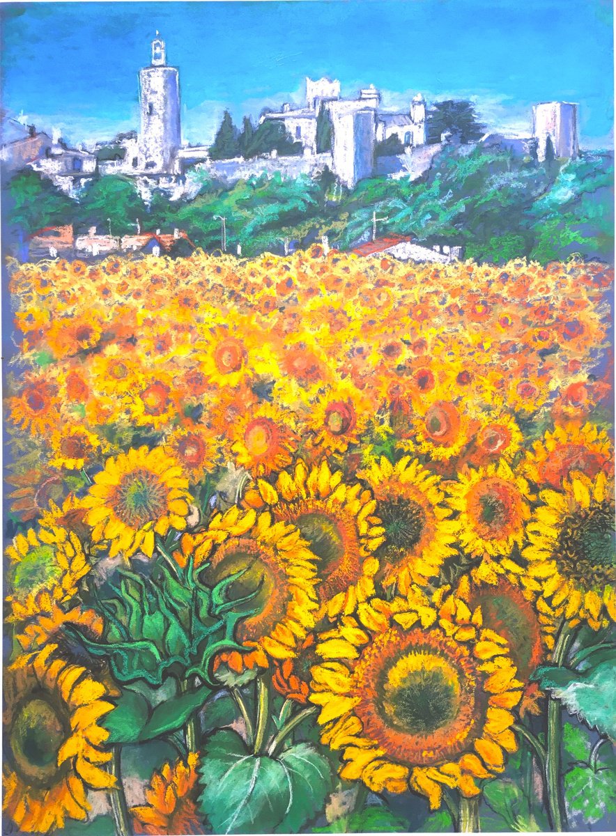 Impressionistic Landscape Pastel Drawing By Patricia Clements, 32 X 41", Fields Of Sunflowers, Original Artwork