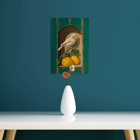 Still life with bird and apple (24x35cm, oil painting, ready to hang)