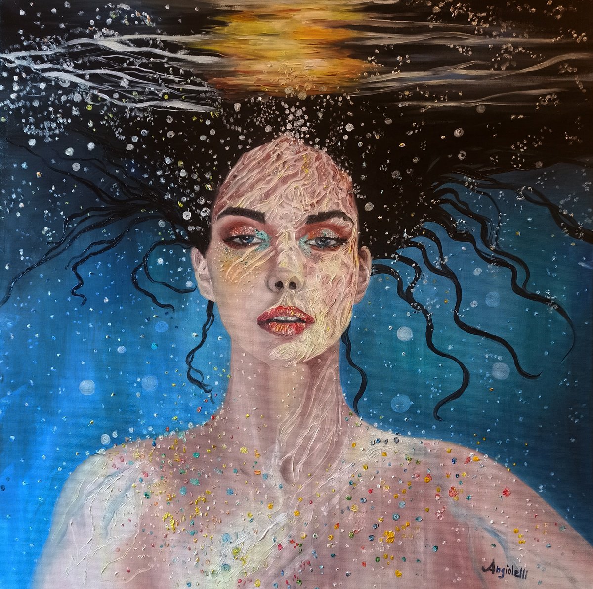 Photorealistic Portrait Oil Painting By Anna Rita Angiolelli, 20 X 20, Underwater Portrait 3, Original Artwork
