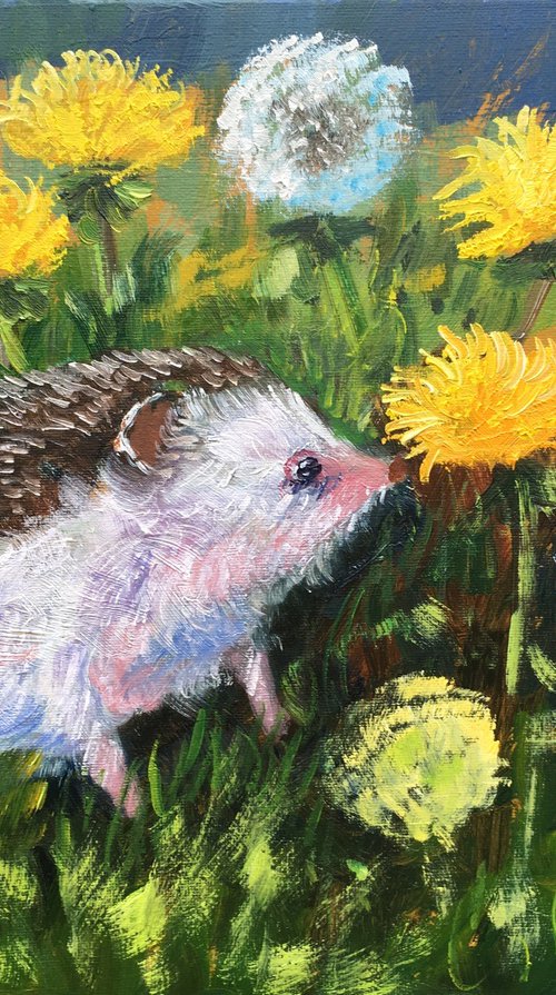 Hedgehog in dandelions by Elena Sokolova
