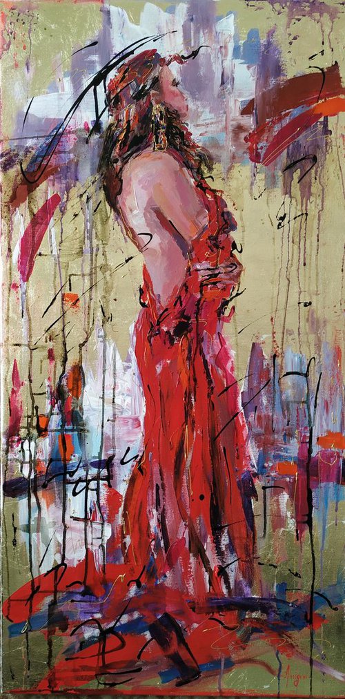 Woman in Red-figurative painting on canvas. by Antigoni Tziora