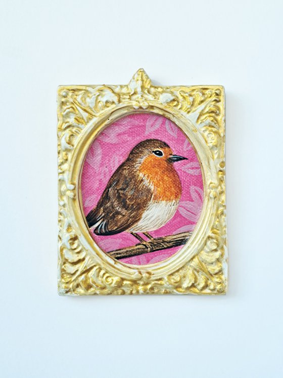 European robin, part of framed animal miniature series "festum animalium"