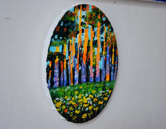 Landscape oval oil painting, original small canvas art, sunset trees wall art