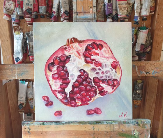 "Ripe pomegranate."  pomegranate still life  liGHt original painting  GIFT (2021)
