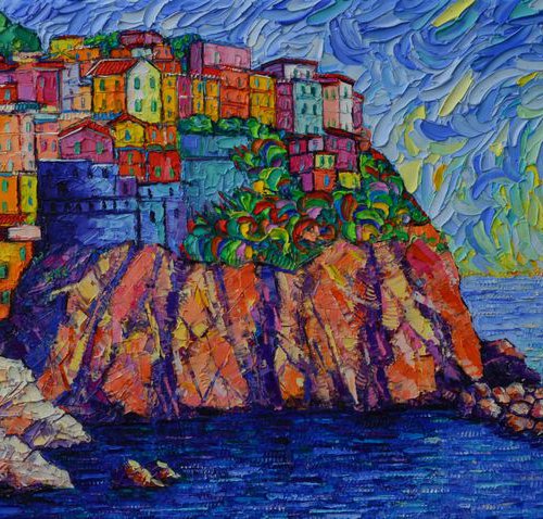MANAROLA SUNSET CINQUE TERRE ITALY textural impressionist impasto palette knife oil painting by Ana Maria Edulescu by ANA MARIA EDULESCU
