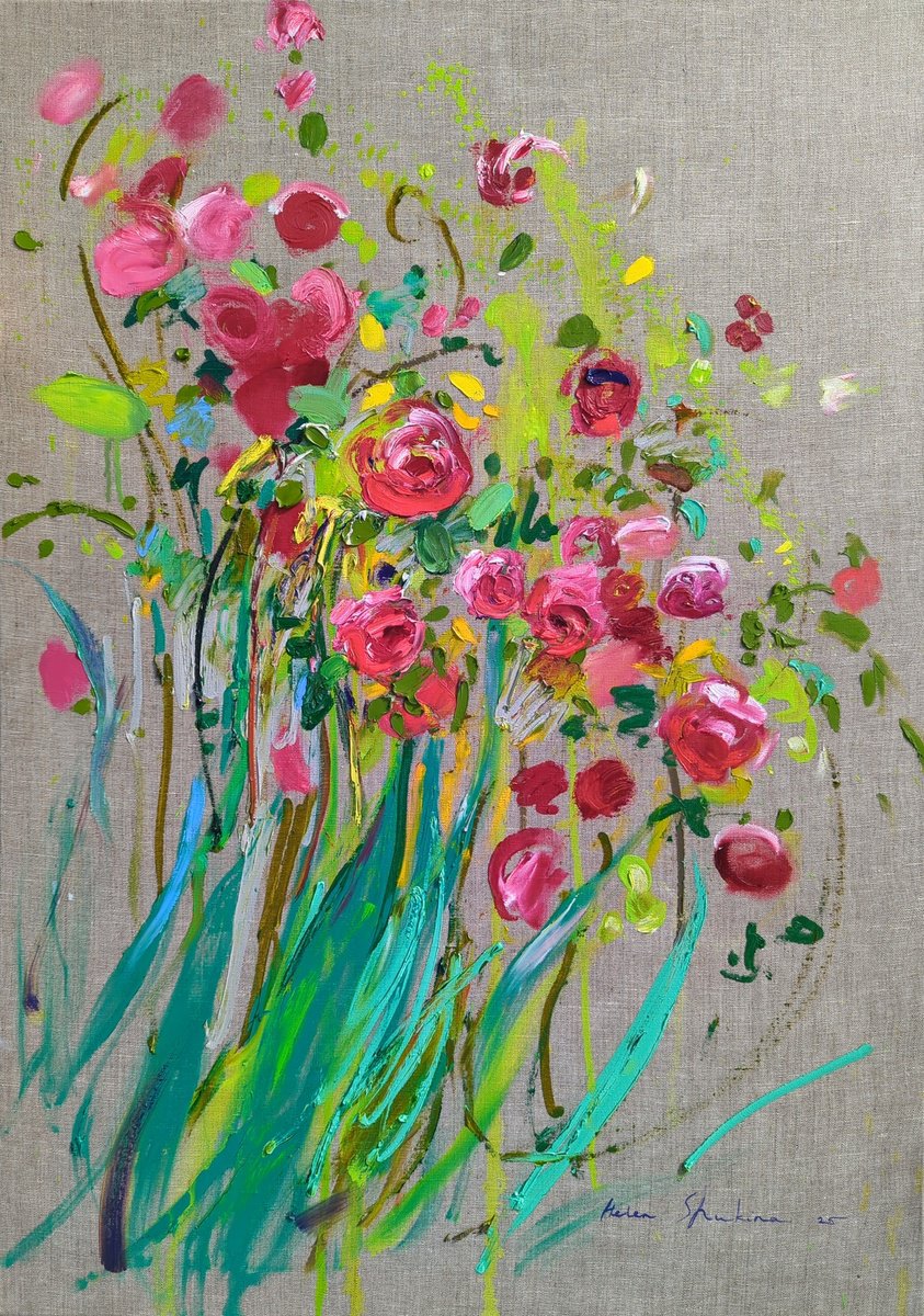 Expressive Botanical Oil Painting By Helen Shukina, 28 X 39, Roses In My Garden, Original Artwork
