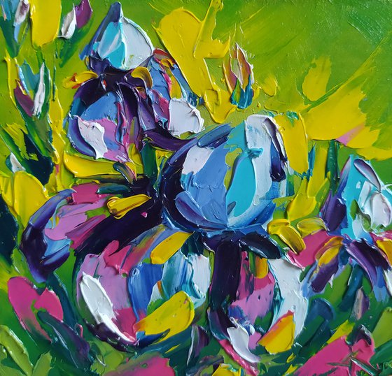 Small irises - flowers, oil painting, irises flowers, small size, postcard, gift idea