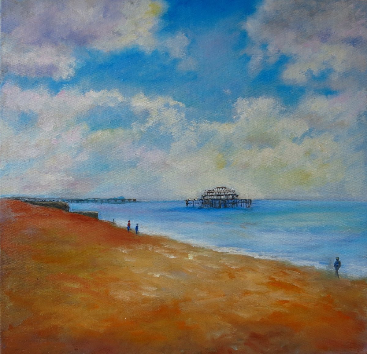 Impressionistic Landscape Oil Painting By Maureen Greenwood, 16 X 16", A Cloudy Day On Brighton Beach, Original Artwork