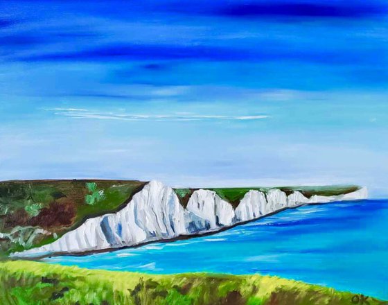 SEVEN SISTERS,   WHITE CLIFFS, SUSSEX . THE ENGLISH Countryside LANDSCAPE, OIL PAINTING. OFFICE URBAN WALL ART