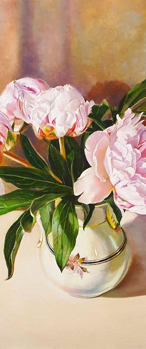 "Evening peonies." still life peony old vase summer  liGHt original painting  GIFT (2020) by Anna Bessonova (Kotelnik)