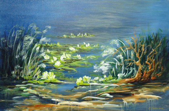 Abstract Landscape Painting. Floral Forest. Abstract Tropical Flowers and Birds. Original Blue Teal Green Painting on Canvas. Modern Impressionism Art