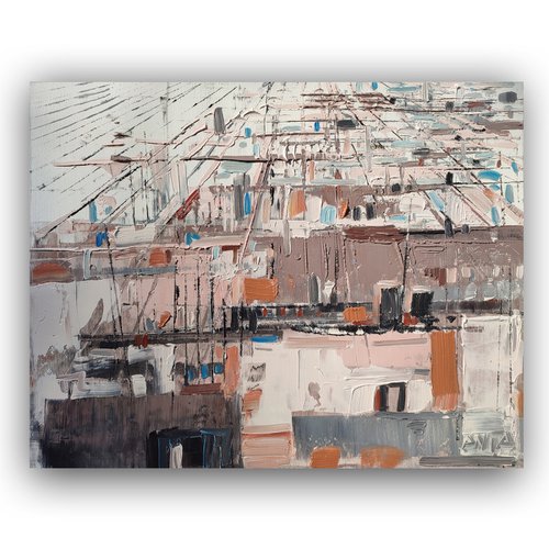 Abstract oil painting "City lines 8". Size 15,7/19,7 inches, 40/50cm, stretched by Kariko ono