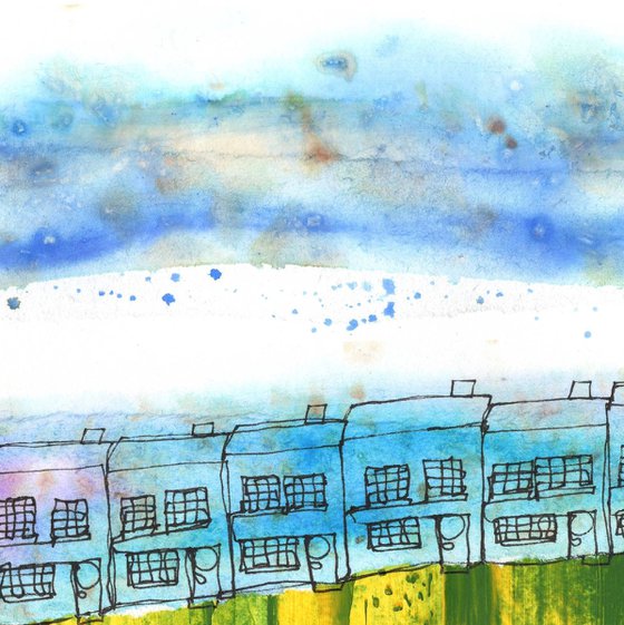 Terraced houses with watercolour washes. Continuous Line Artwork