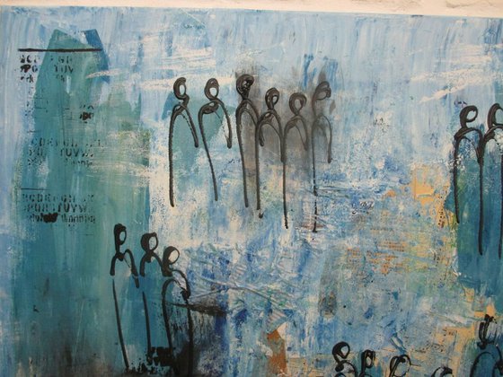 abstract blue People  Acryl and Oilpainting Collage on canvas  31,5 x 47,2 inch