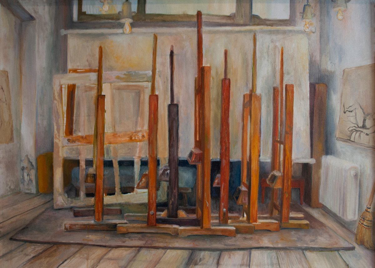 Cityscapes Oil Painting By Nikola Ivanovic, 28 X 20", The Winter Studio, Original Artwork