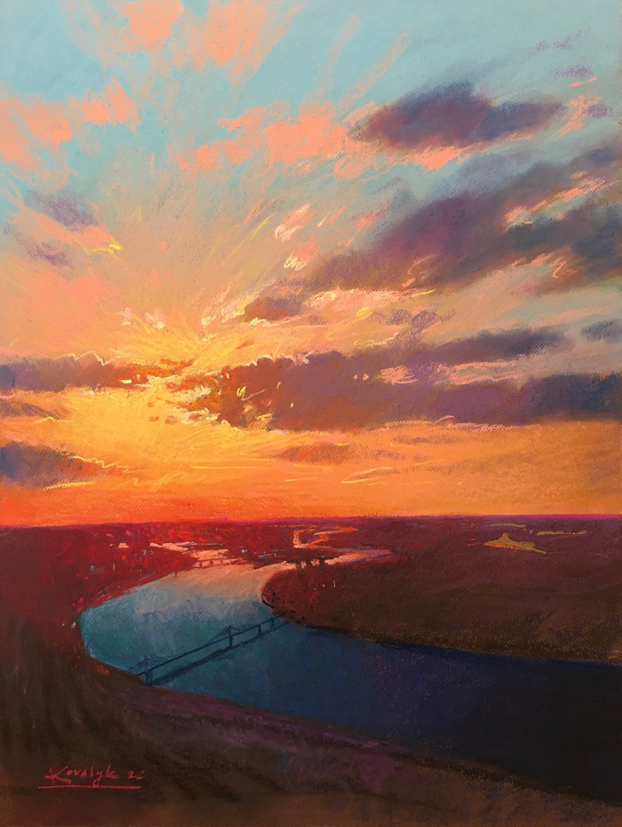 Impressionistic Landscape Pastel Drawing By Andrii Kovalyk, 20 X 26, Sunset Over The Dnipro River In Kyiv, Original Artwork