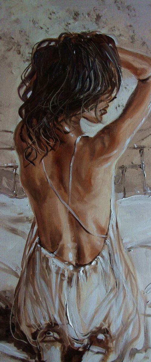 " LIGHT IN THE ROOM " - 60x80cm original oil painting on canvas, gift, palette kniffe by Monika Luniak