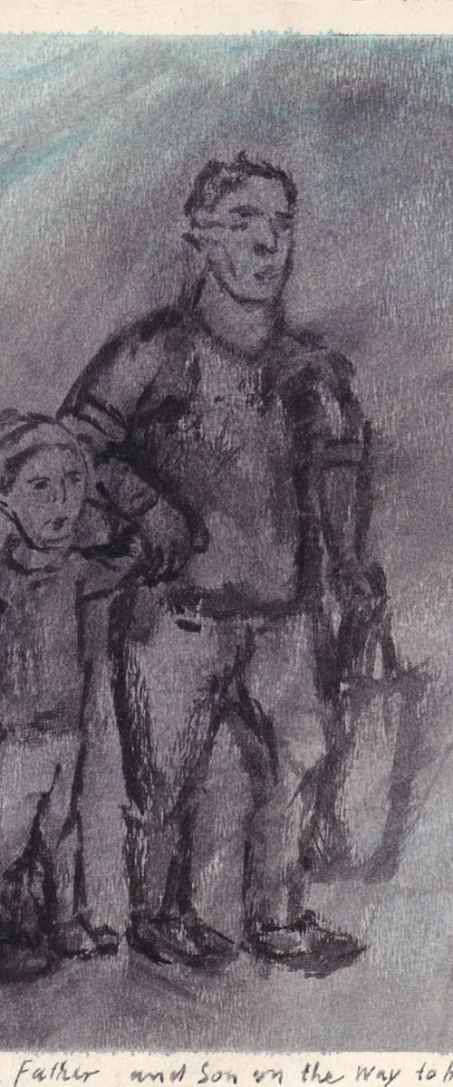 Father and Son on the Way to Home, March 2014, acrylic on paper, 24,6 x 17,3 cm by Alenka Koderman