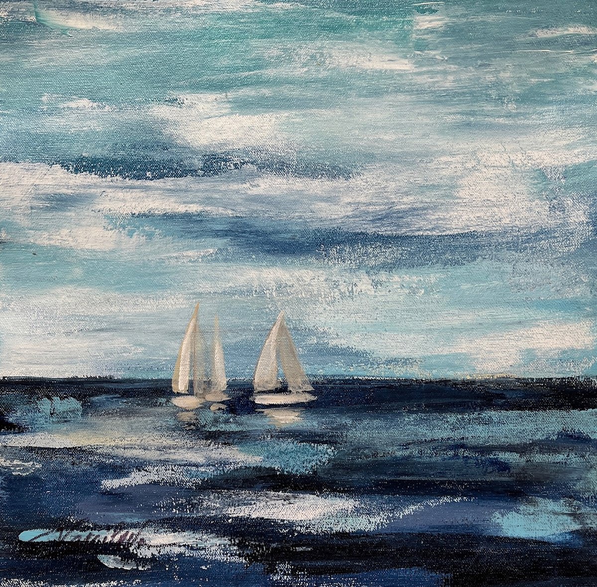 Expressive Landscape Acrylic Painting By Silvia Vassileva, 15 X 15", Black Sea I, Original Artwork