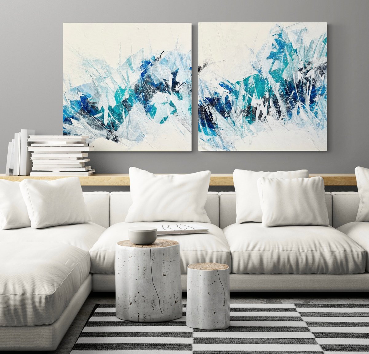 Abstract Acrylic Painting By Anita Kaufmann, 55 X 28, Beyond The Blue Sea ## 2024, Original Artwork