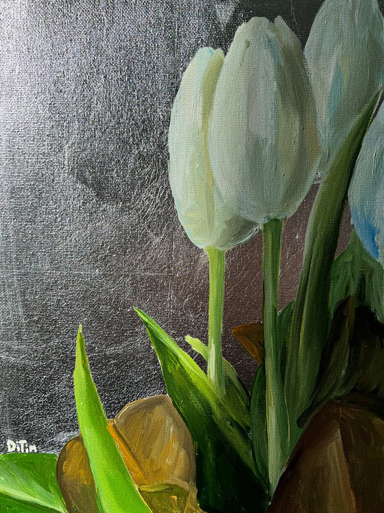 Oil painting White tulips with silver background