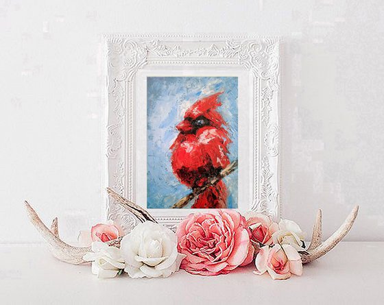 Cardinal Painting Original Art Red Bird Artwork Home Decor Small Wall Art