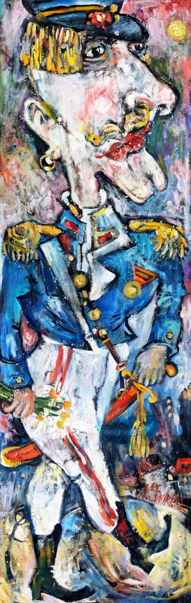 Expressive Portrait Oil Painting By Nikifor Swiristuhin, 18 X 55", Cavalier., Original Artwork