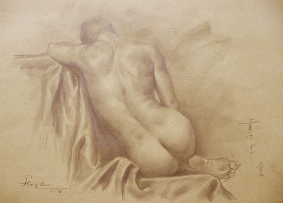 ORIGINAL DRAWING PENCIL  ARTWORK MALE NUDE MAN ON BROWN PAPER#16-6-14