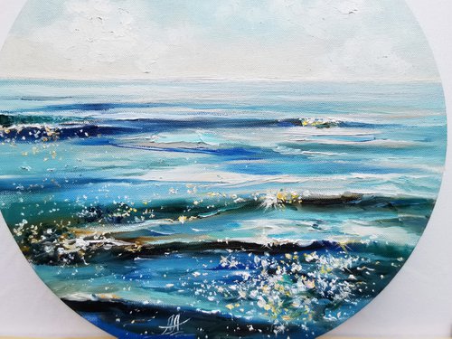 Sea painting on round canvas, Seascape oil painting by Annet Loginova