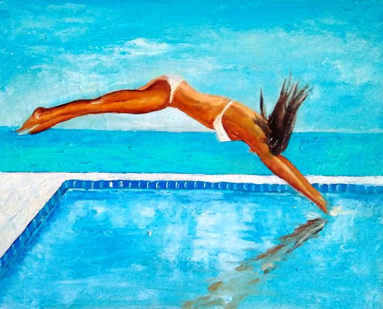 The moment, Pool Painting Original Art Women Figure Painting Swimming Wall Art Sport Artwork