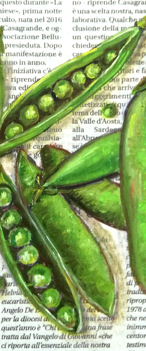 "Pea Pods on Newspaper" by Katia Ricci