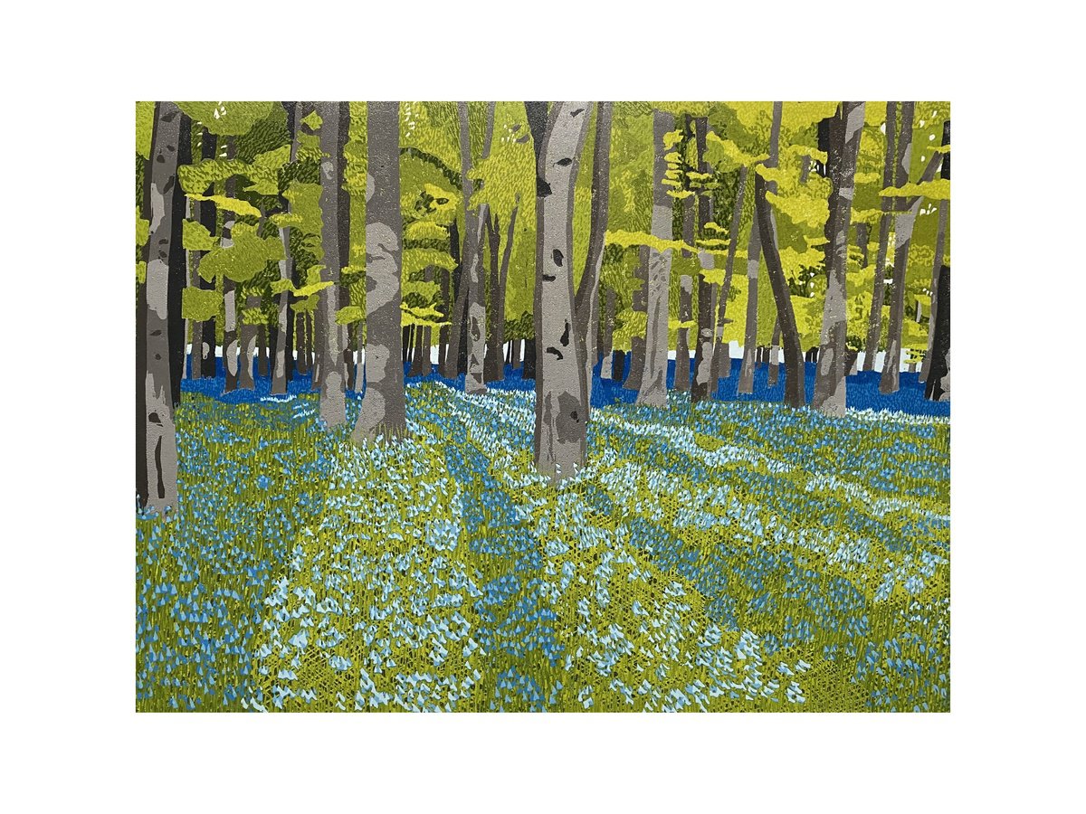Impressionistic Landscape Linocut By Joanne Spencer, 16 X 12, Bluebell Woods, Original Artwork