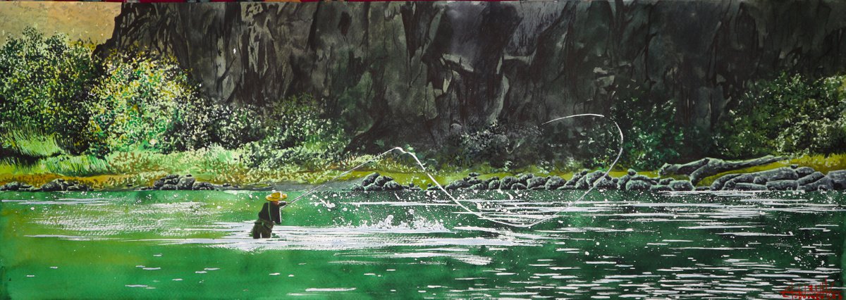 Fishing on a mountain river 2021 Watercolor 25x70 by Eugene Gorbachenko