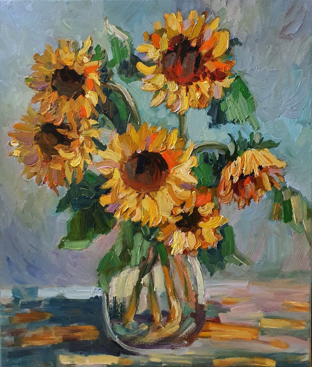 Impressionistic Botanical Oil Painting By Olena Kolotova, 24 X 28", Summer Bouquet "Sunflowers", Original Artwork