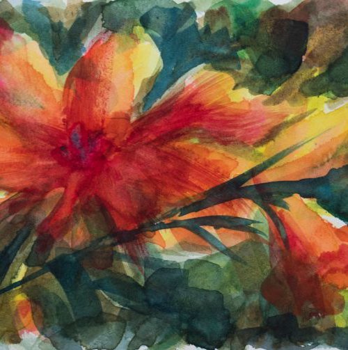Flower and flower buds - small size - watercolor on paper - 10,5X24,5 cm by Fabienne Monestier