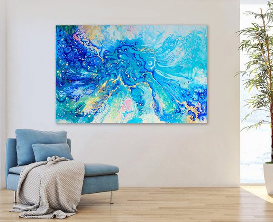 "Secret traces"  large acrylic painting, contemporary art, home decor office art, royal blue, gold, turquoise