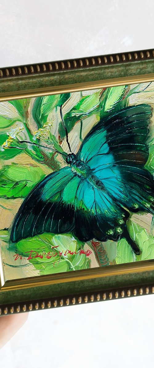 Blue Ulysses butterfly painting oil original green background small artwork in frame by Nataly Derevyanko