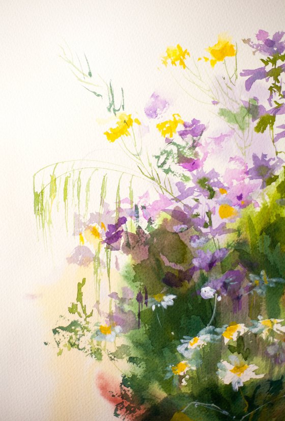 Wild flowers bouquet with poppies and malva 2. Soft evening light medium size summer painting