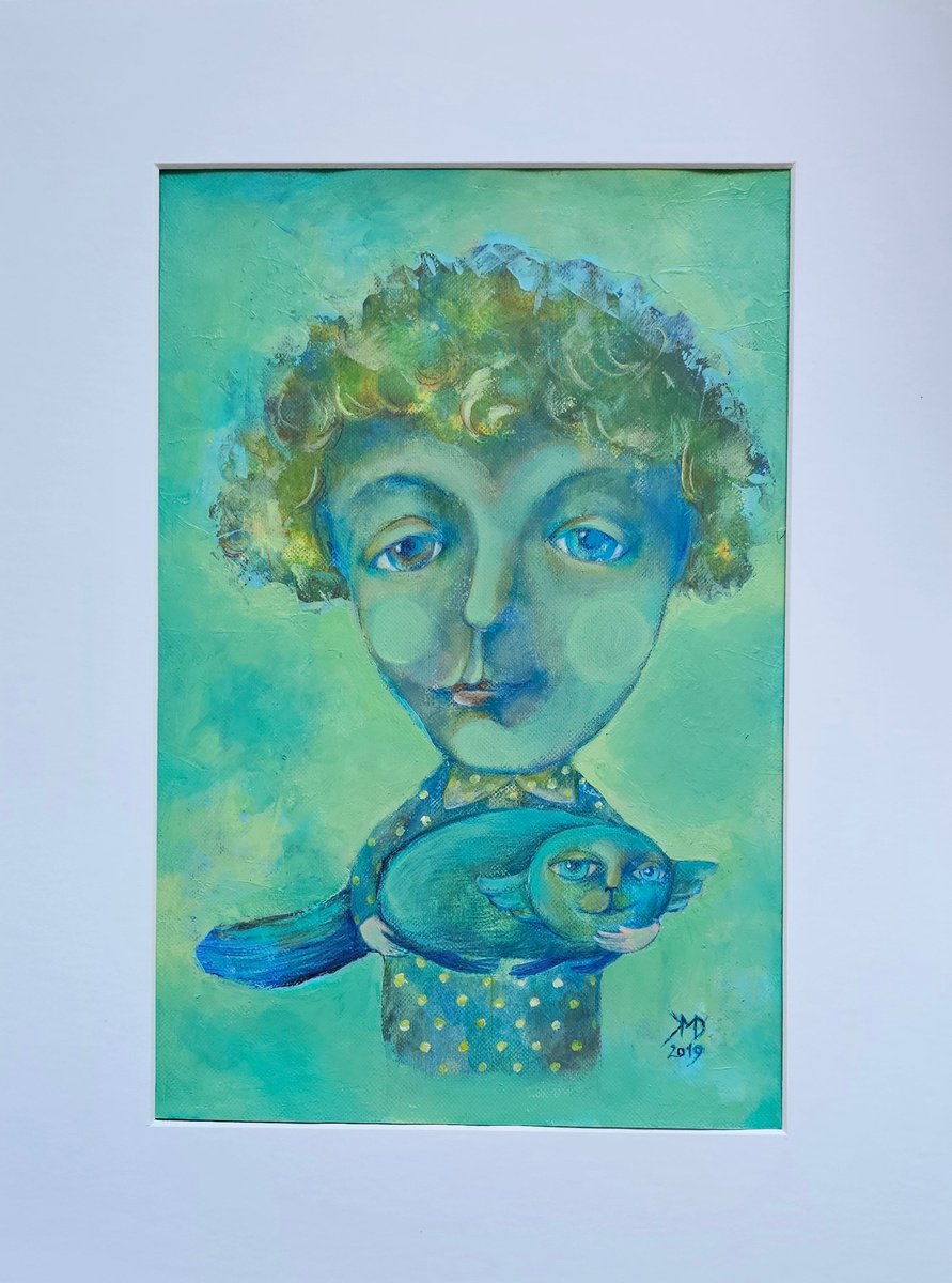 Naive Portrait Acrylic Painting By Ksenia June, 12 X 16", May I Bring A Cat Home? Kid Portrait, Original Artwork