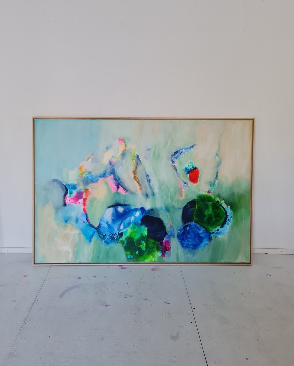 Organic Abstract Acrylic Painting By Wioletta Gancarz, 59 X 39", Matcha Green, Original Artwork