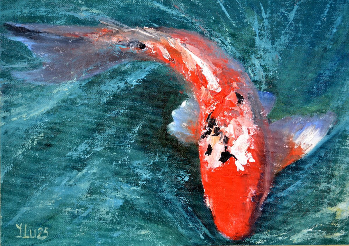 Expressive Animal Oil Painting By Elena Lukina, 12 X 8, Red Carp, Original Artwork